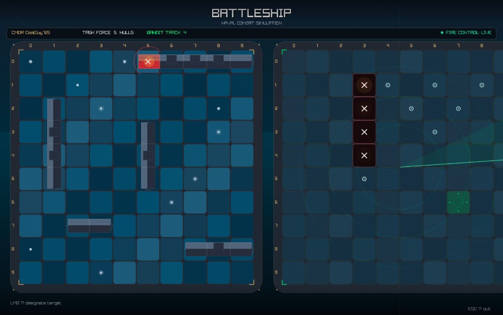 Battleship: dual 10 by 10 grids showing fleet layout, hits, and targeting.
